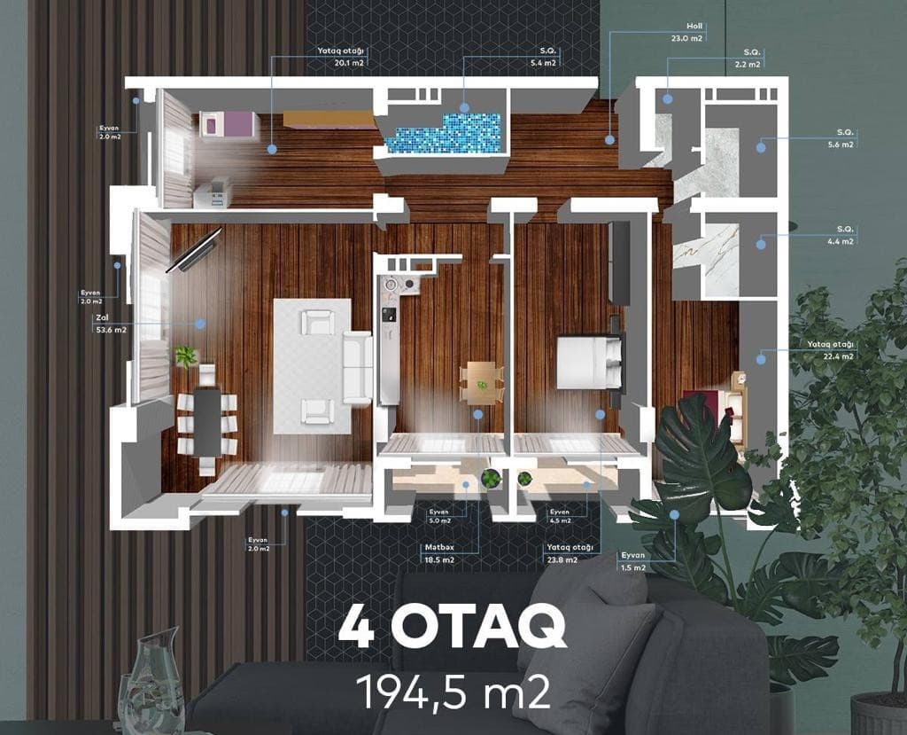 Koroglu Residence, 4 otaq 194.50 kv.m. - 2