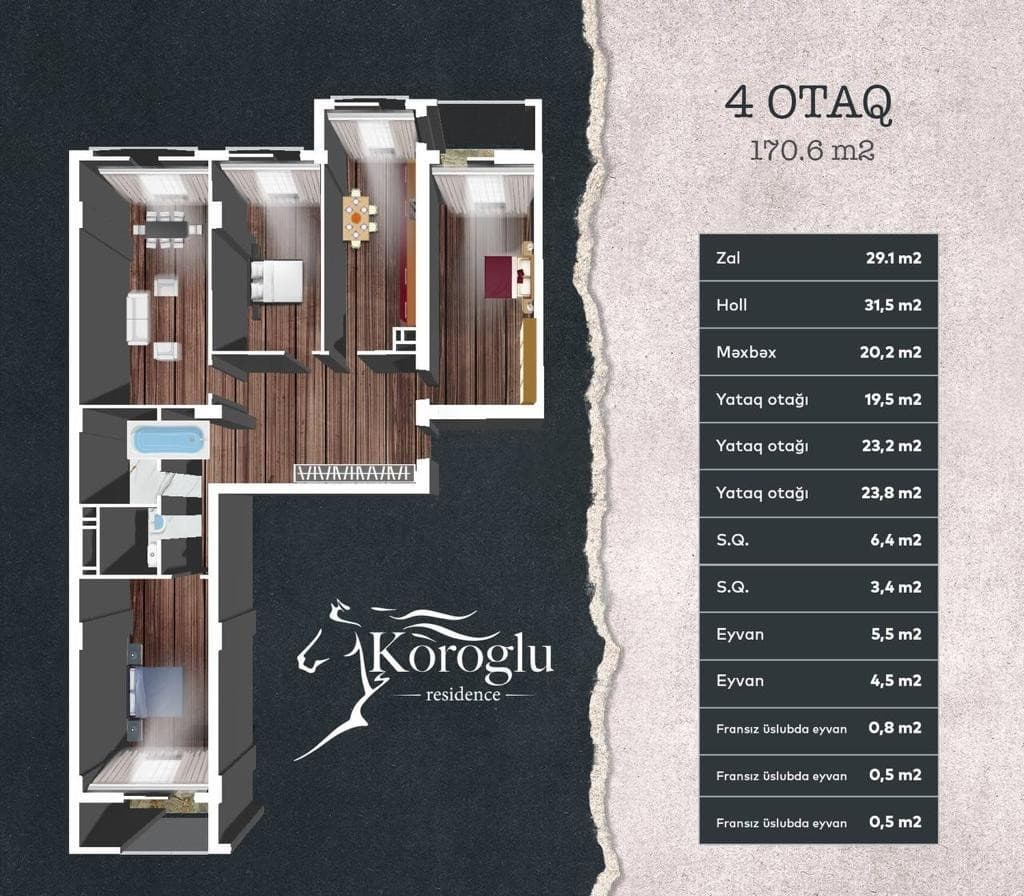 Koroglu Residence, 4 rooms, 170.60 sq.m.