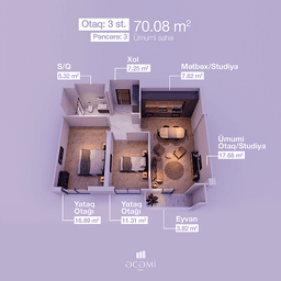 3 комнаты, 70,08 кв.м.