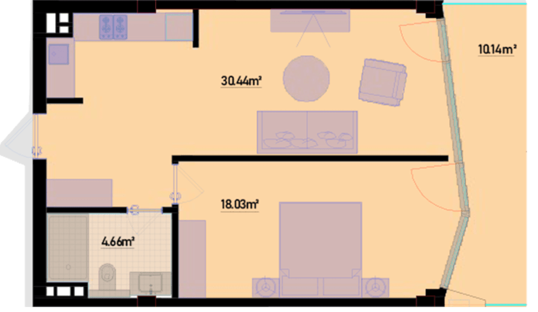 71,58 kvm, 2 otaqlı mənzil