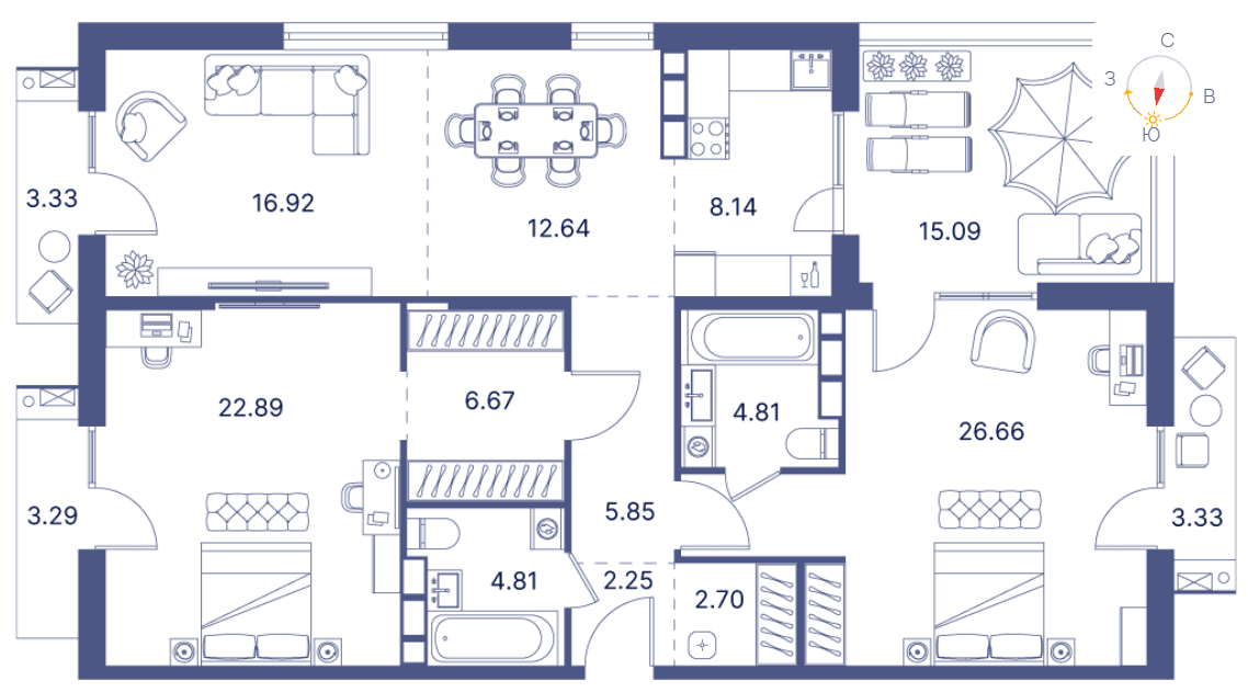 3-комнатная квартира, 168.56 кв.м.