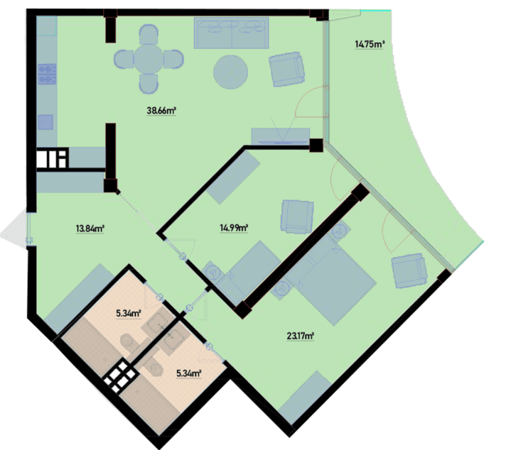 132.54 kvm, 3 otaqlı mənzil