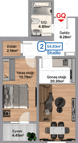 Blue City, 2 otaqlı menzil, 54.83 kvm, bina 1A, 1B, 1C, 1D, 1E, 1F, 1G, 1H, 1I, 1J, 1K
