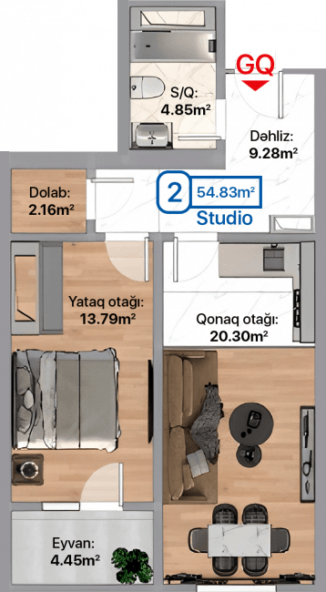 Blue City, 2 otaqlı menzil, 54.83 kvm, bina 1A, 1B, 1C, 1D, 1E, 1F, 1G, 1H, 1I, 1J, 1K