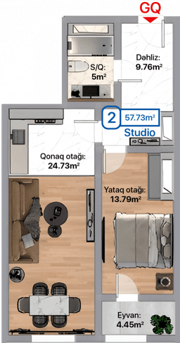 Blue City, 2 otaqlı menzil, 57.73 kvm, bina 1A, 1B, 1C, 1D, 1E, 1F, 1G, 1H, 1I, 1J, 1K
