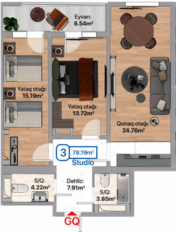 Blue City, 3 otaqlı menzil, 78.19 kvm, bina 1A, 1B, 1C, 1D, 1E, 1F, 1G, 1H, 1I, 1J, 1K
