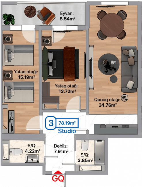 Blue City, 3 otaqlı menzil, 78.19 kvm, bina 1A, 1B, 1C, 1D, 1E, 1F, 1G, 1H, 1I, 1J, 1K