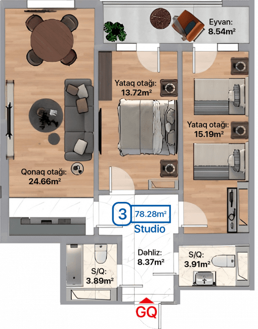 Blue City, 3 otaqlı menzil, 78.28 kvm, bina 1A, 1B, 1C, 1D, 1E, 1F, 1G, 1H, 1I, 1J, 1K