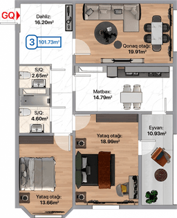 Blue City, 3 otaqlı menzil, 101.73 kvm, bina 1A, 1B, 1C, 1D, 1E, 1F, 1G, 1H, 1I, 1J, 1K