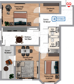 Blue City, 3 otaqlı menzil, 107.06 kvm, bina 1A, 1B, 1C, 1D, 1E, 1F, 1G, 1H, 1I, 1J, 1K