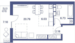 51.15 kvm, 1 otaqlı studio mənzil