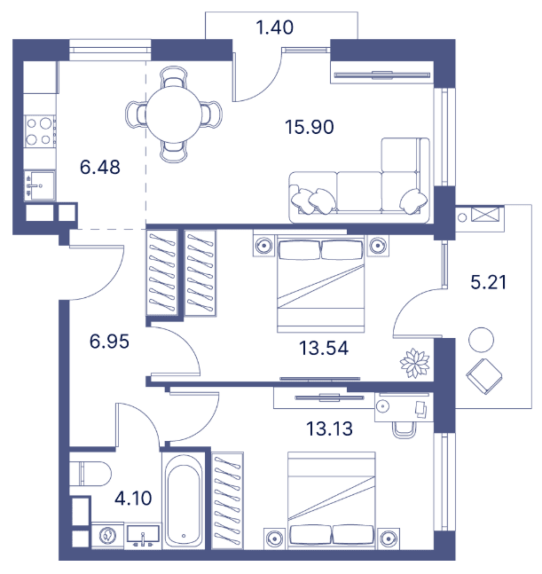 3-комнатная квартира, 77.31 кв.м.