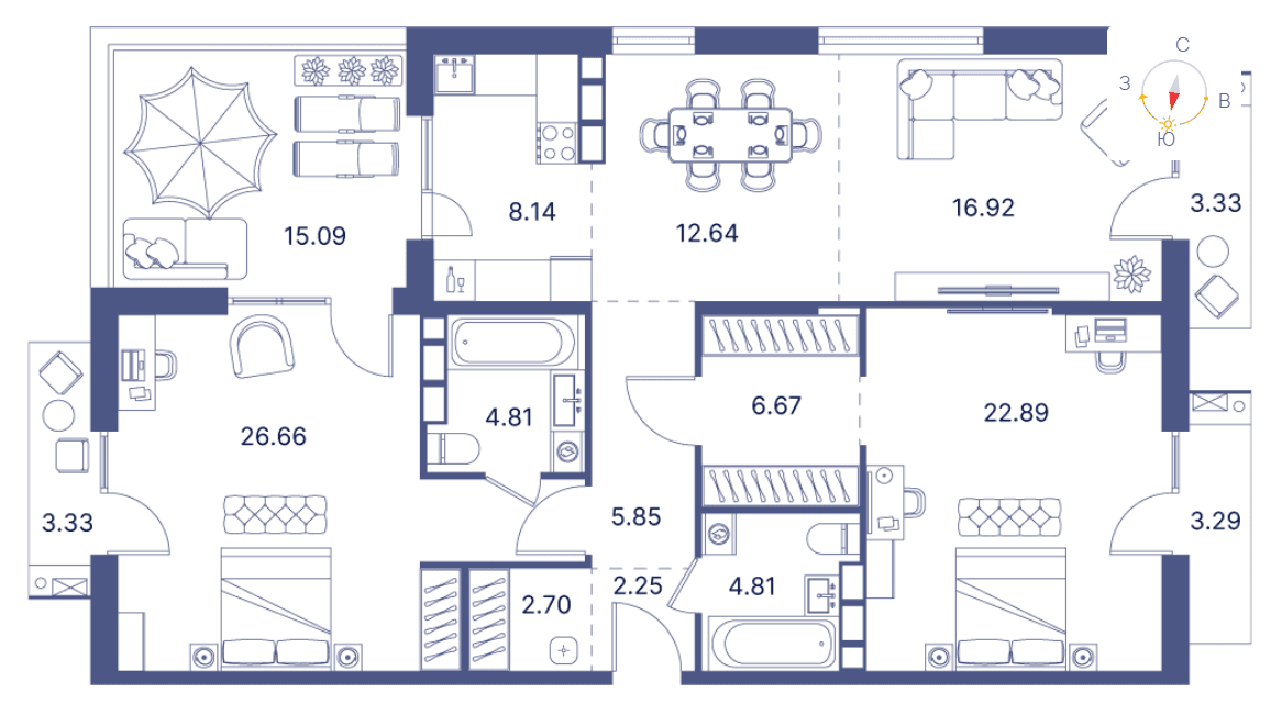 3-комнатная квартира, 168.56 кв.м.