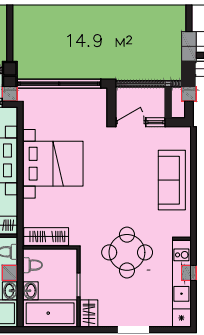 49.3 kvm, 1 otaqlı studio mənzil