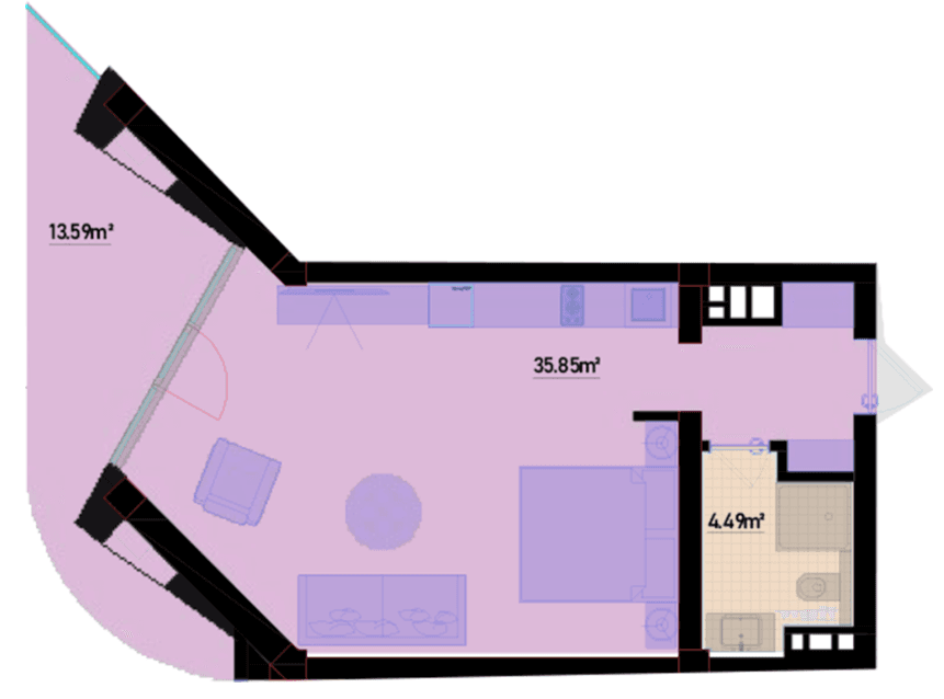 63.1 kvm, 1 otaqlı studio