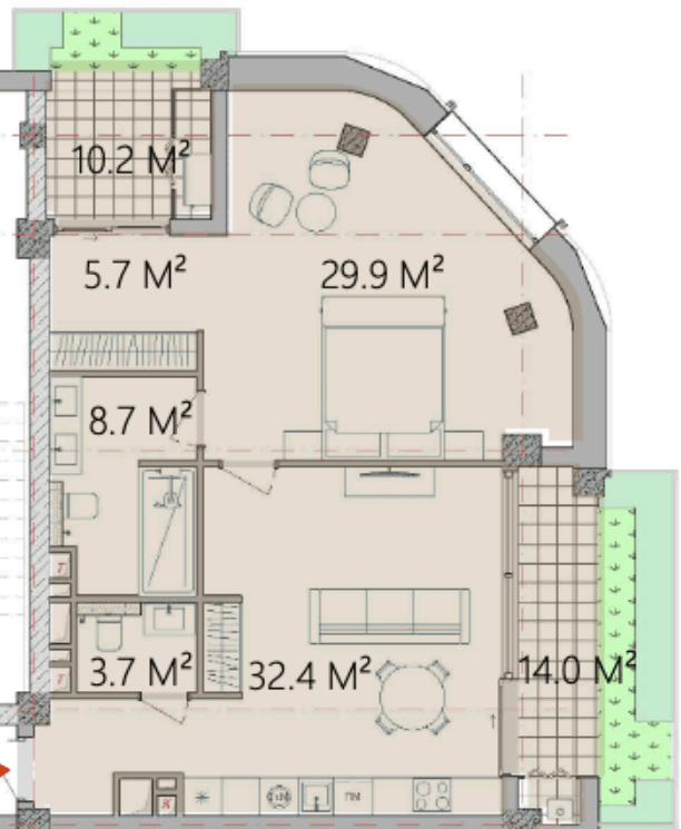 104.6 kvm, 2 otaqlı mənzil