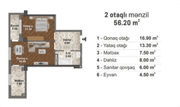 56.2 kvm, 2 otaqlı mənzil