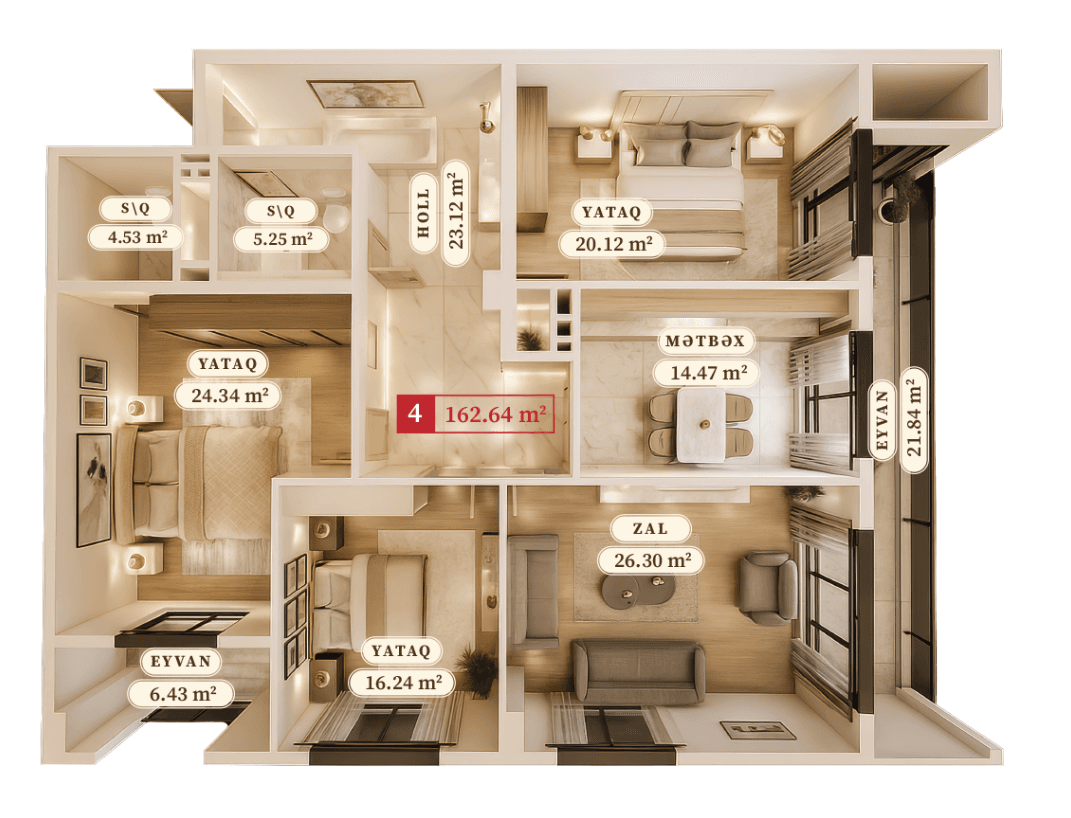 162.64 kvm, 4 otaqlı mənzil