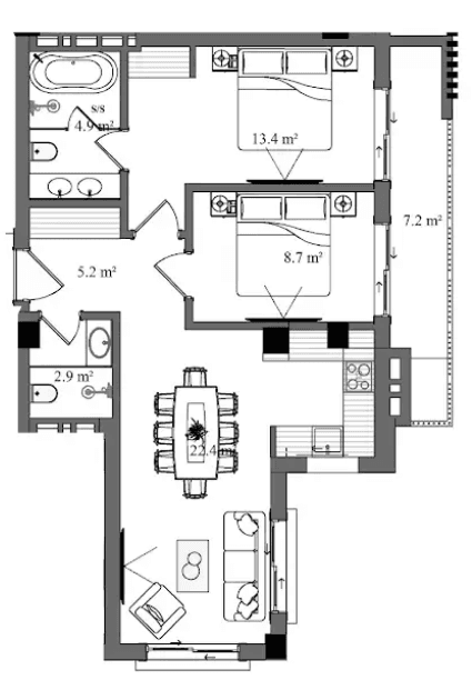 78.9 kvm, 3 otaqlı mənzil
