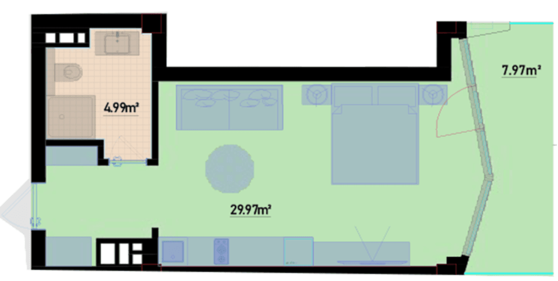 50.09 kvm, 1 otaqlı studiya