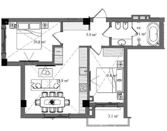 67.5 kvm, 3 otaqlı mənzil