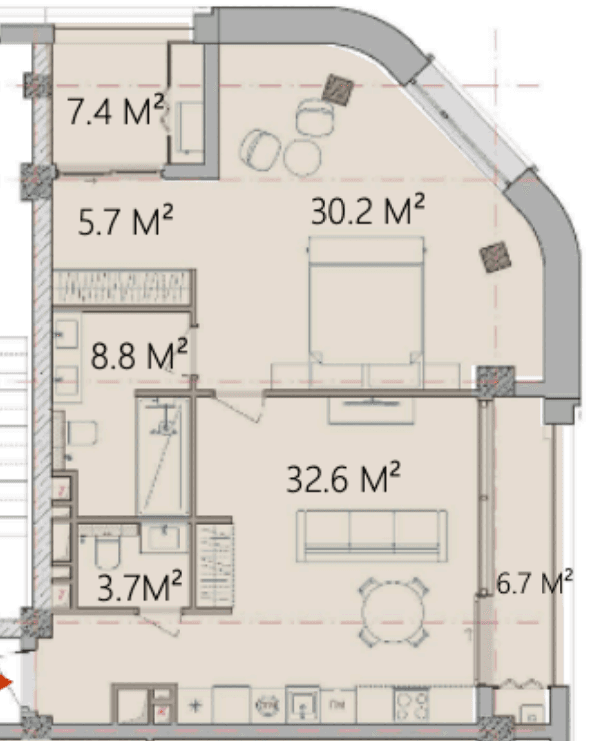95.1 kvm, 2 otaqlı studio mənzil