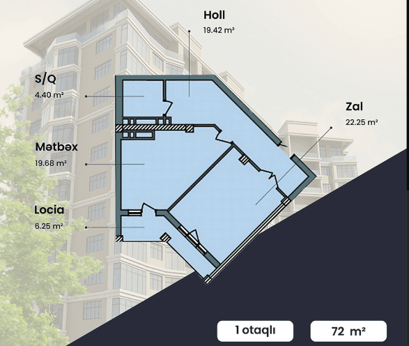 72 kvm, 1 otaqlı mənzil