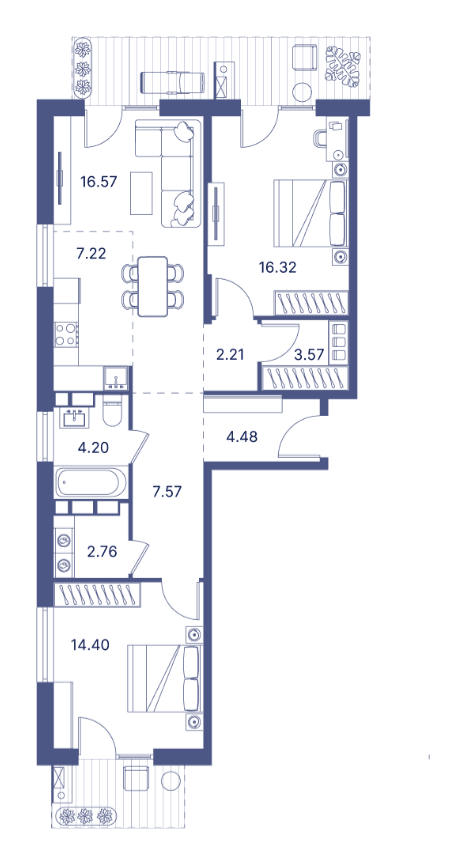 3-комнатная квартира, 96.15 кв.м.