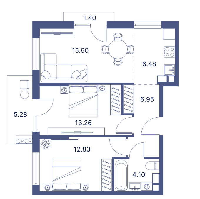 3-комнатная квартира, 78.54 кв.м.