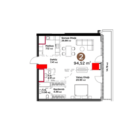 94.52 kvm, 2 otaqlı mənzil
