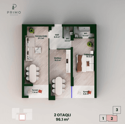 96.1 kvm, 2 otaqlı mənzil