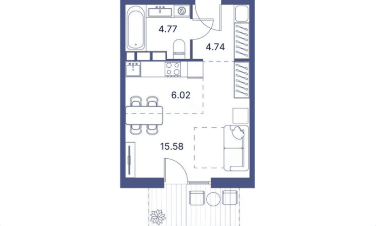 36.34 kvm, 1 otaqlı studio mənzil