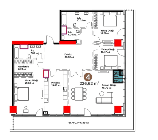 226.62 kvm, 4 otaqlı mənzil