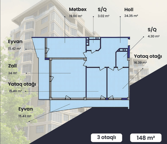 148 kvm, 3 otaqlı mənzil