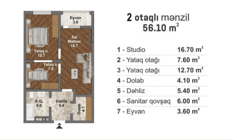 56.1 kvm, 3 otaqlı studio mənzil