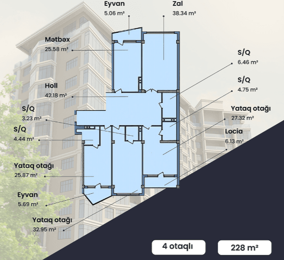 228 kvm, 4 otaqlı mənzil