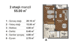 55 kvm, 2 otaqlı mənzil