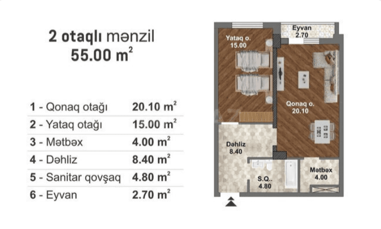 55 kvm, 2 otaqlı mənzil