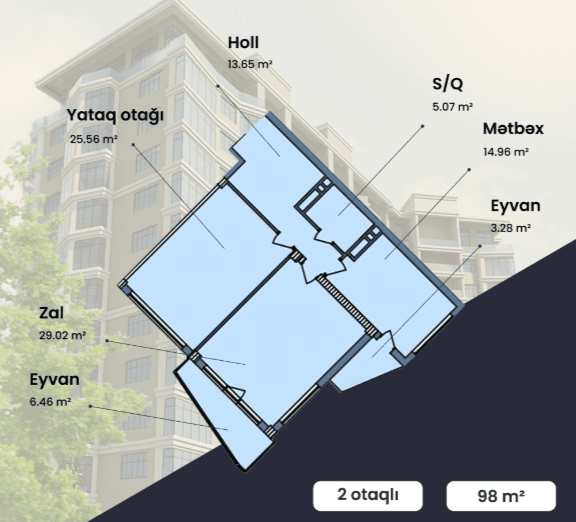 98 kvm, 2 otaqlı mənzil