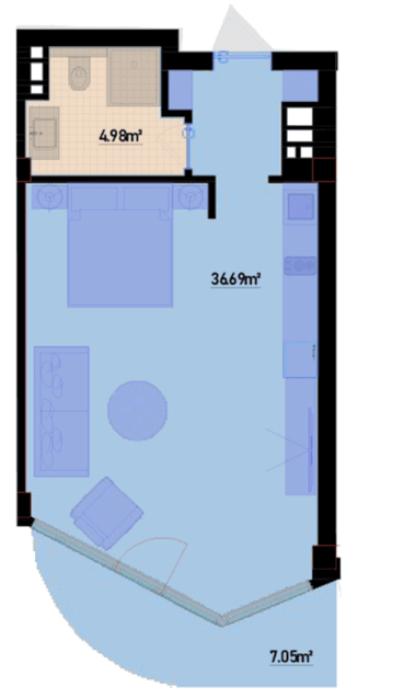 56.12 kvm, 1 otaqlı studiya