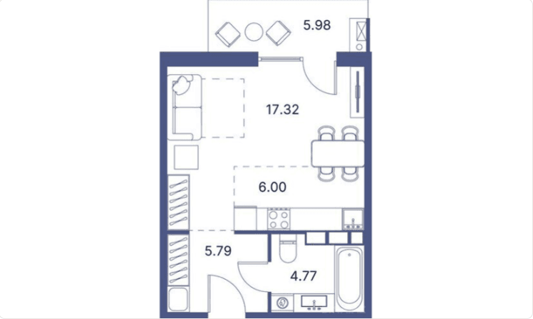 45.61 kvm, 1 otaqlı studio mənzil