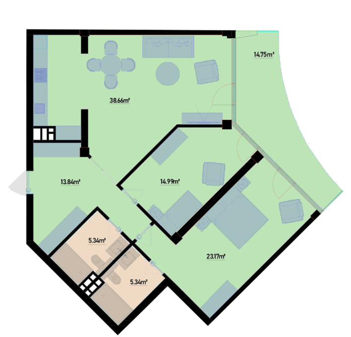 132.54 kvm, 3 otaqlı mənzil