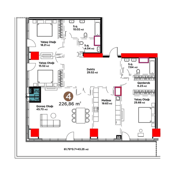 226.86 kvm, 4 otaqlı mənzil