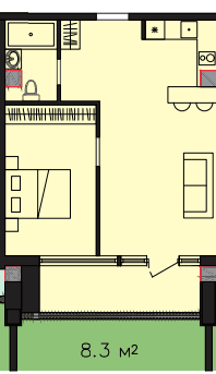62.8 kvm, 2 otaqlı studio mənzil