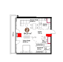 94.9 kvm, 2 otaqlı mənzil