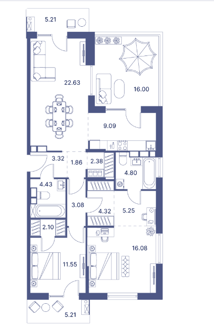 3-комнатная квартира, 139.4 кв.м.