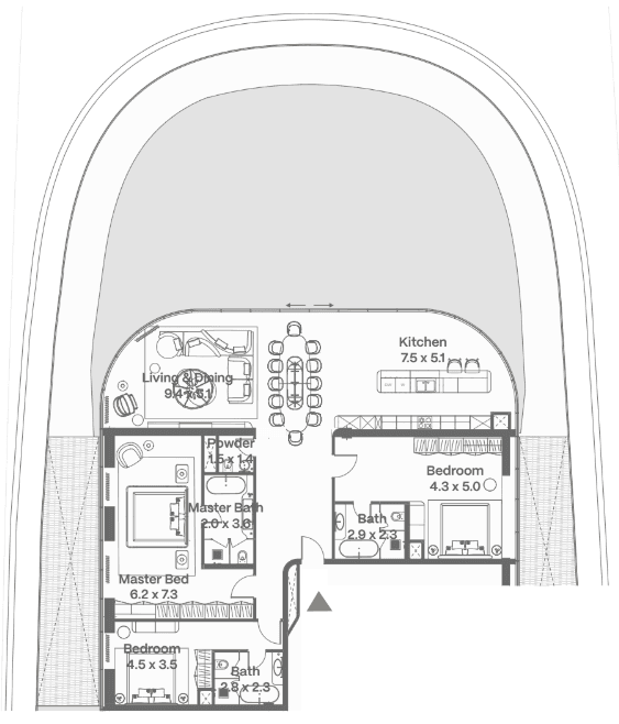 428 kvm, 4 otaqlı penthouse