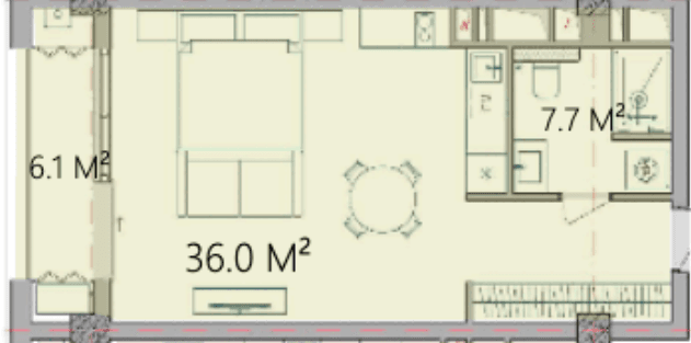 49.6 kvm, 1 otaqlı studio
