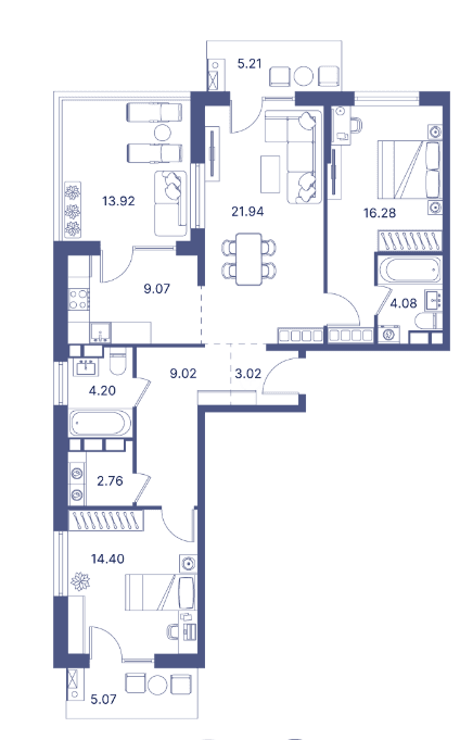 3-комнатная квартира, 130.27 кв.м