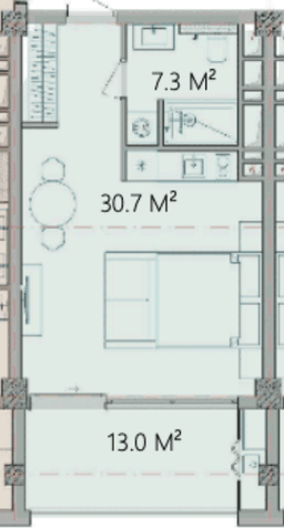 51 kvm, 1 otaqlı studio